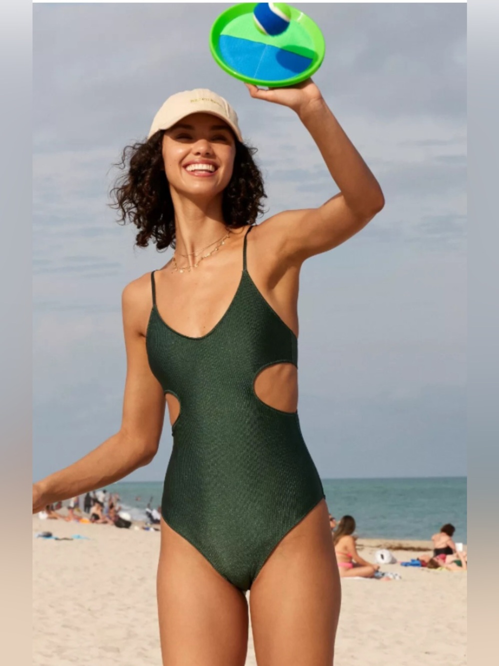 Aerie Shine Rib  One Piece Swimsuit Green Cutouts
